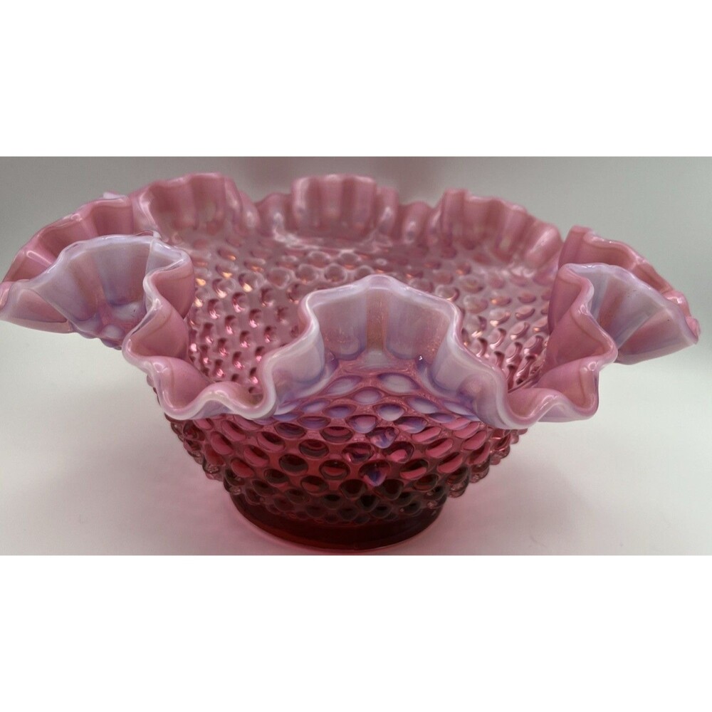Fenton Glass Cranberry Opalescent Hobnail Ruffle Edge Bowl - 9x5 in